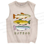 Unisex Japanese Sardine Fish Printed Washed Tank Top