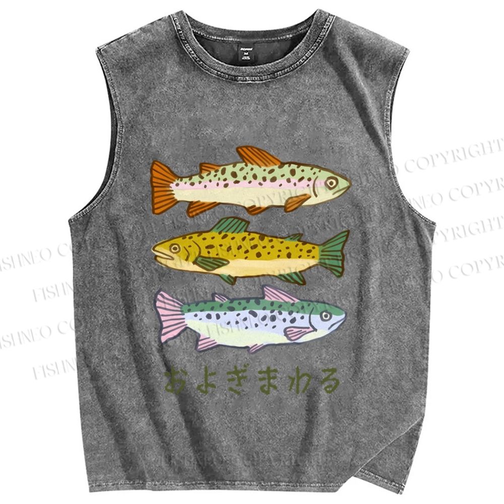 Unisex Japanese Sardine Fish Printed Washed Tank Top