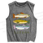 Unisex Japanese Sardine Fish Printed Washed Tank Top