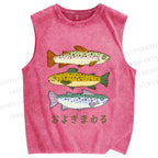 Unisex Japanese Sardine Fish Printed Washed Tank Top
