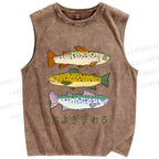 Unisex Japanese Sardine Fish Printed Washed Tank Top