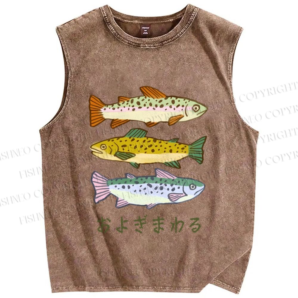 Unisex Japanese Sardine Fish Printed Washed Tank Top
