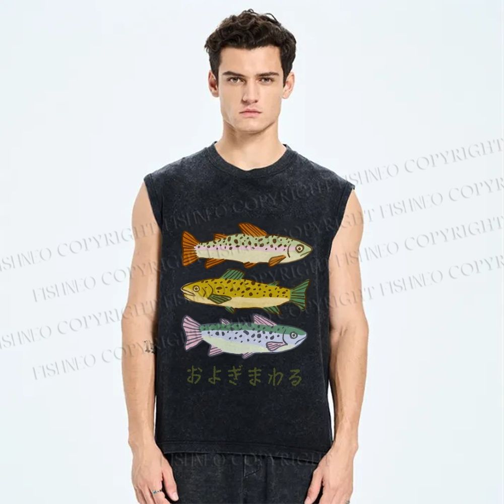 Unisex Japanese Sardine Fish Printed Washed Tank Top