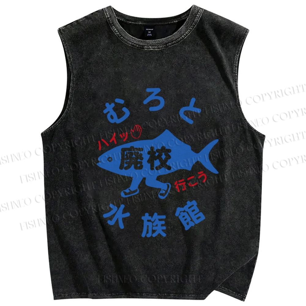 Unisex Japanese Fish Aquarium Printed Washed Tank Top