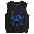 Unisex Japanese Fish Aquarium Printed Washed Tank Top