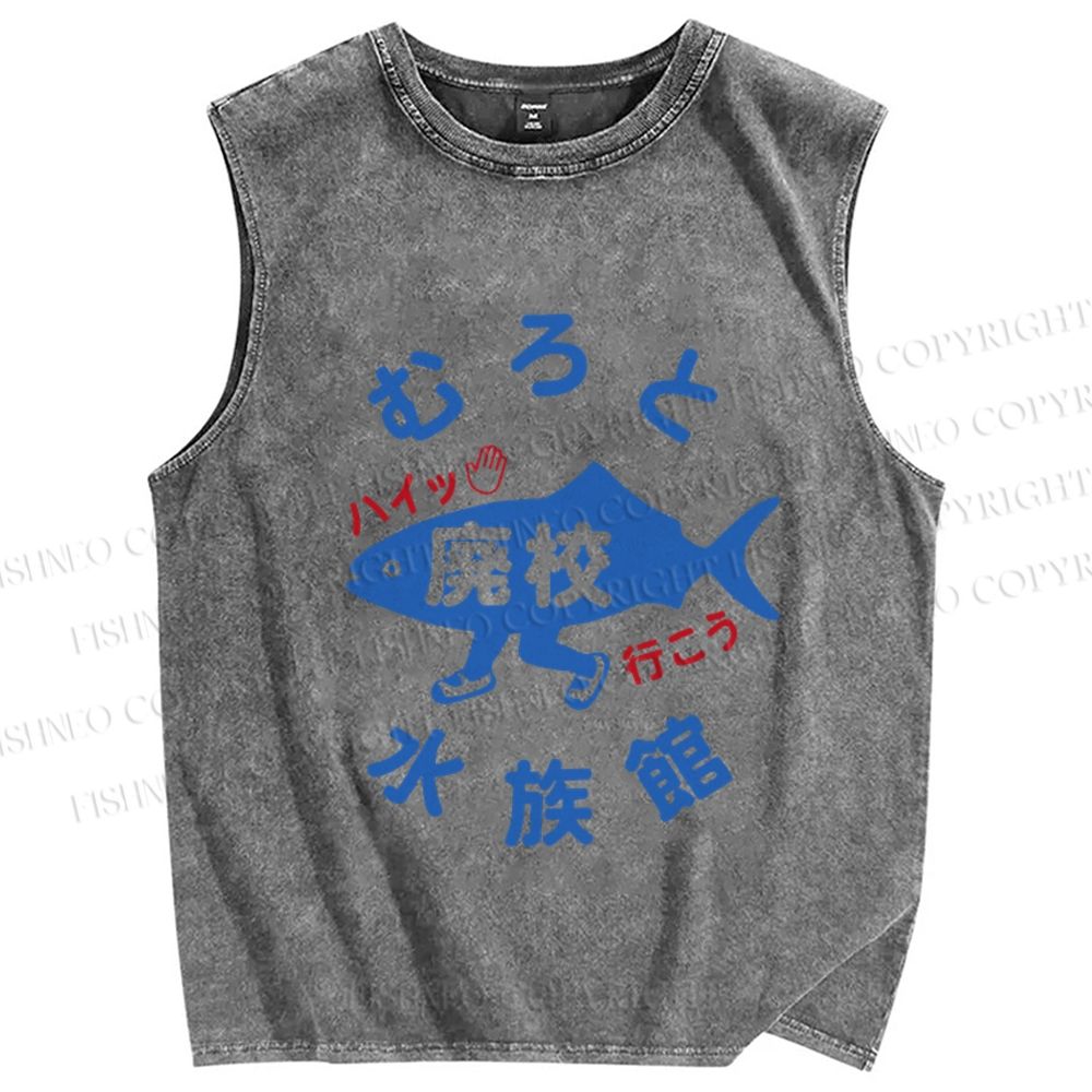 Unisex Japanese Fish Aquarium Printed Washed Tank Top