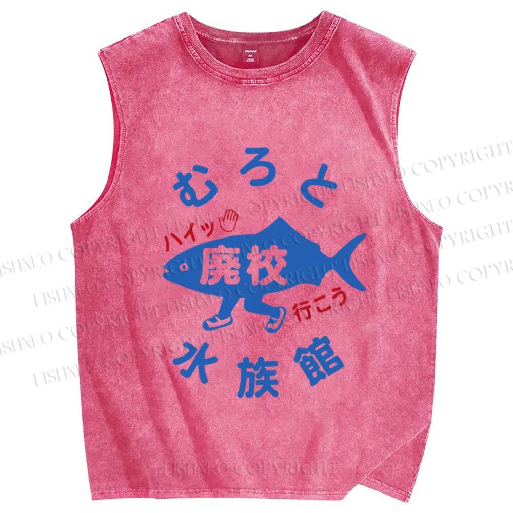 Unisex Japanese Fish Aquarium Printed Washed Tank Top