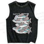 Unisex Vintage Fish Printed Washed Tank Top