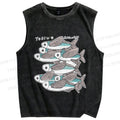 Unisex Vintage Fish Printed Washed Tank Top