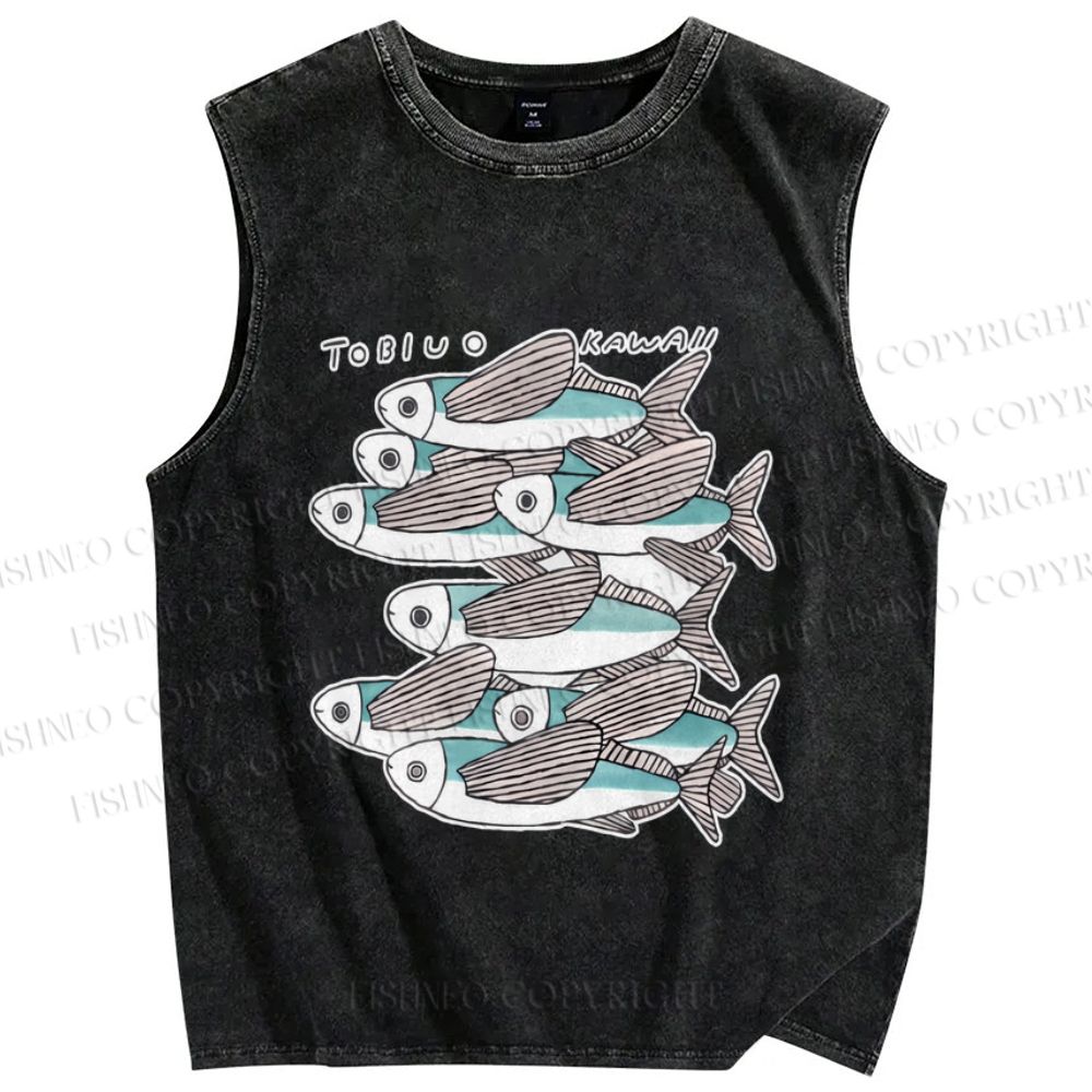 Unisex Vintage Fish Printed Washed Tank Top
