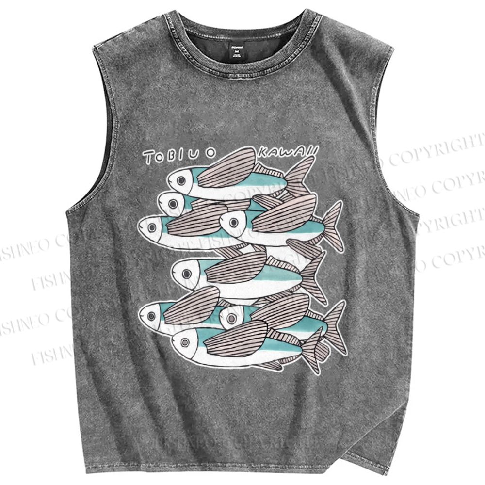 Unisex Vintage Fish Printed Washed Tank Top