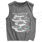 Unisex Vintage Fish Printed Washed Tank Top