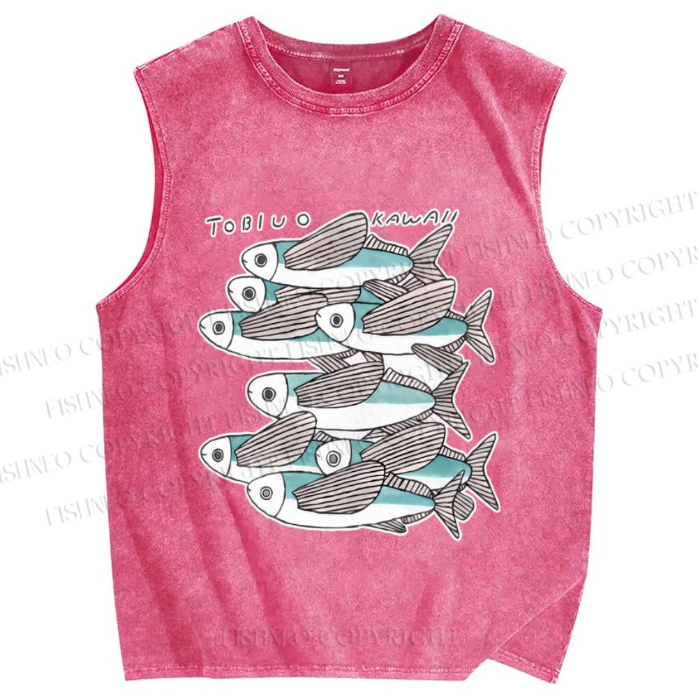 Unisex Vintage Fish Printed Washed Tank Top