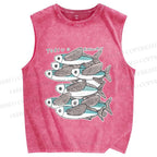 Unisex Vintage Fish Printed Washed Tank Top