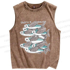 Unisex Vintage Fish Printed Washed Tank Top