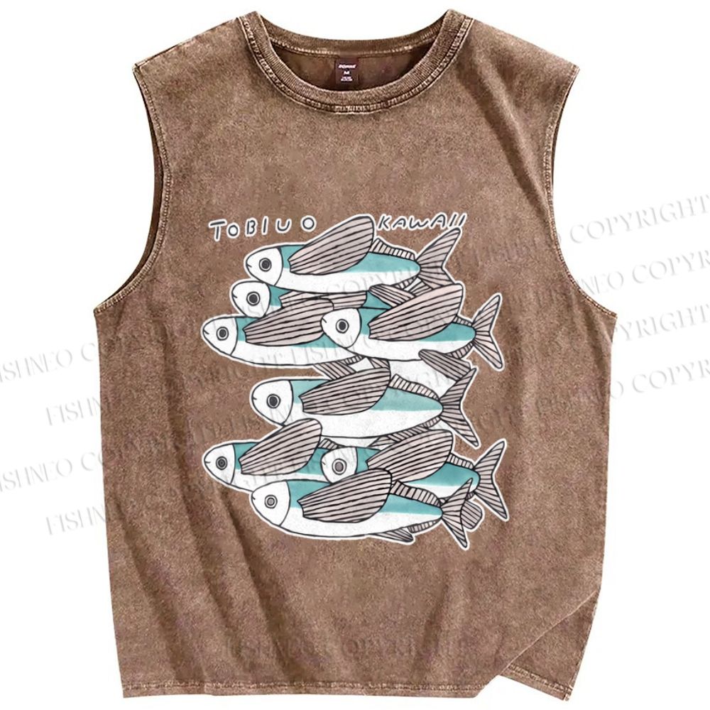 Unisex Vintage Fish Printed Washed Tank Top
