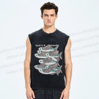 Unisex Vintage Fish Printed Washed Tank Top