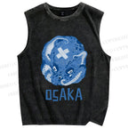 Unisex Vintage Blue Osaka Octopus Printed Washed Tank Top