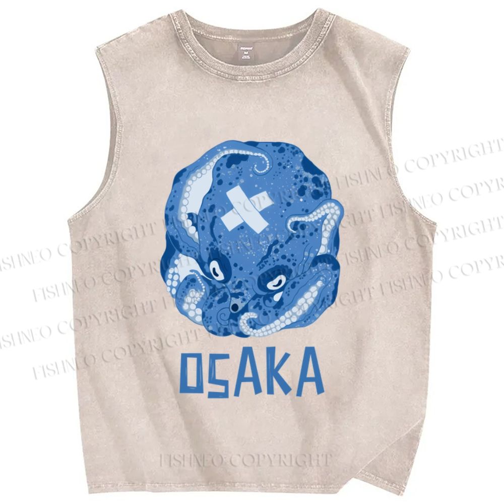 Unisex Vintage Blue Osaka Octopus Printed Washed Tank Top