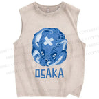 Unisex Vintage Blue Osaka Octopus Printed Washed Tank Top