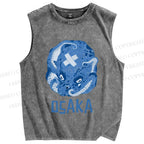 Unisex Vintage Blue Osaka Octopus Printed Washed Tank Top