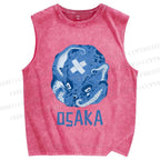 Unisex Vintage Blue Osaka Octopus Printed Washed Tank Top