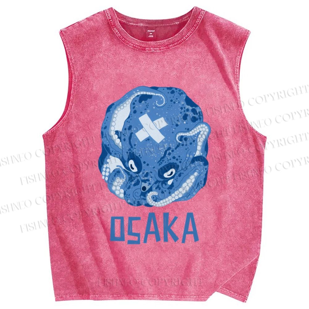 Unisex Vintage Blue Osaka Octopus Printed Washed Tank Top