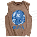 Unisex Vintage Blue Osaka Octopus Printed Washed Tank Top
