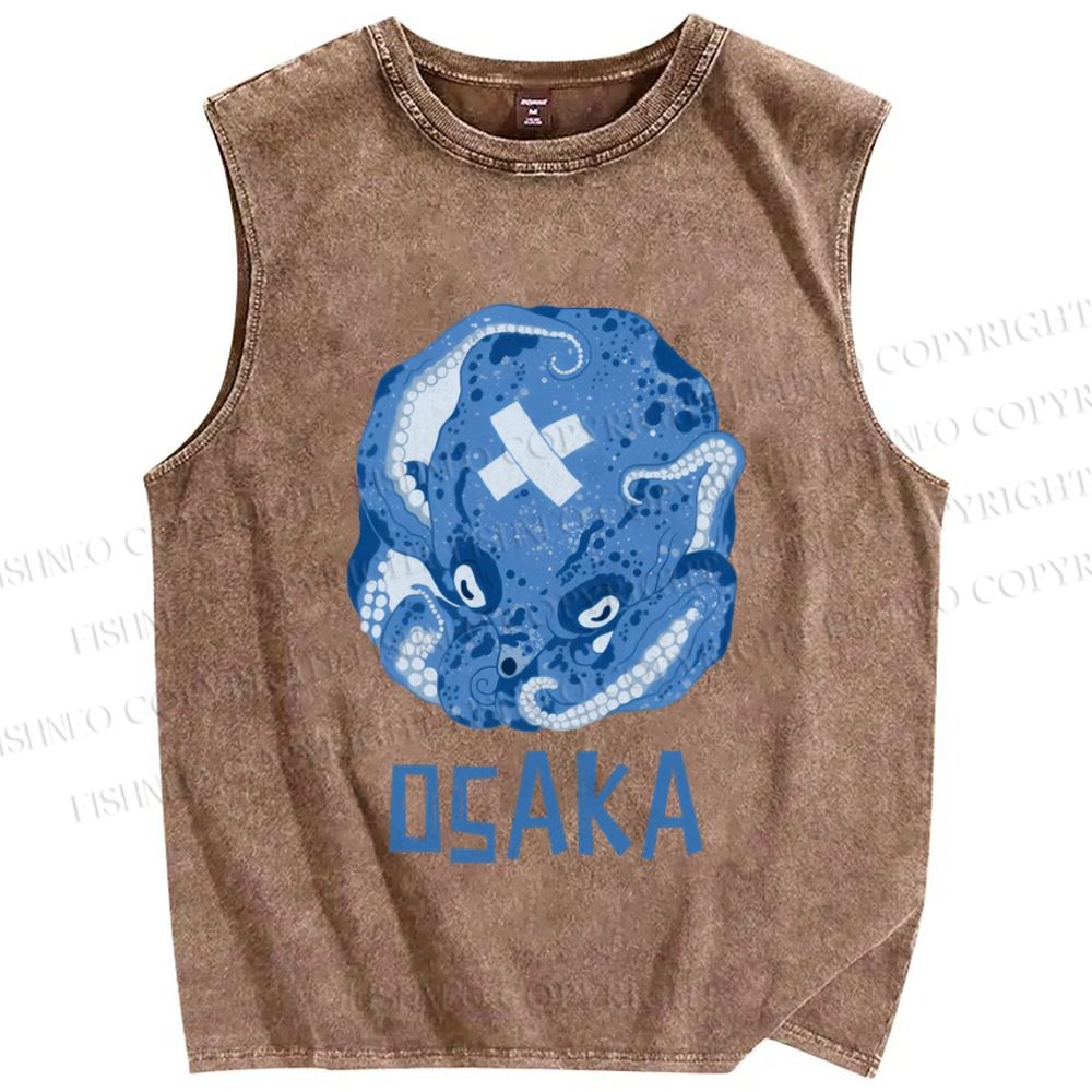 Unisex Vintage Blue Osaka Octopus Printed Washed Tank Top