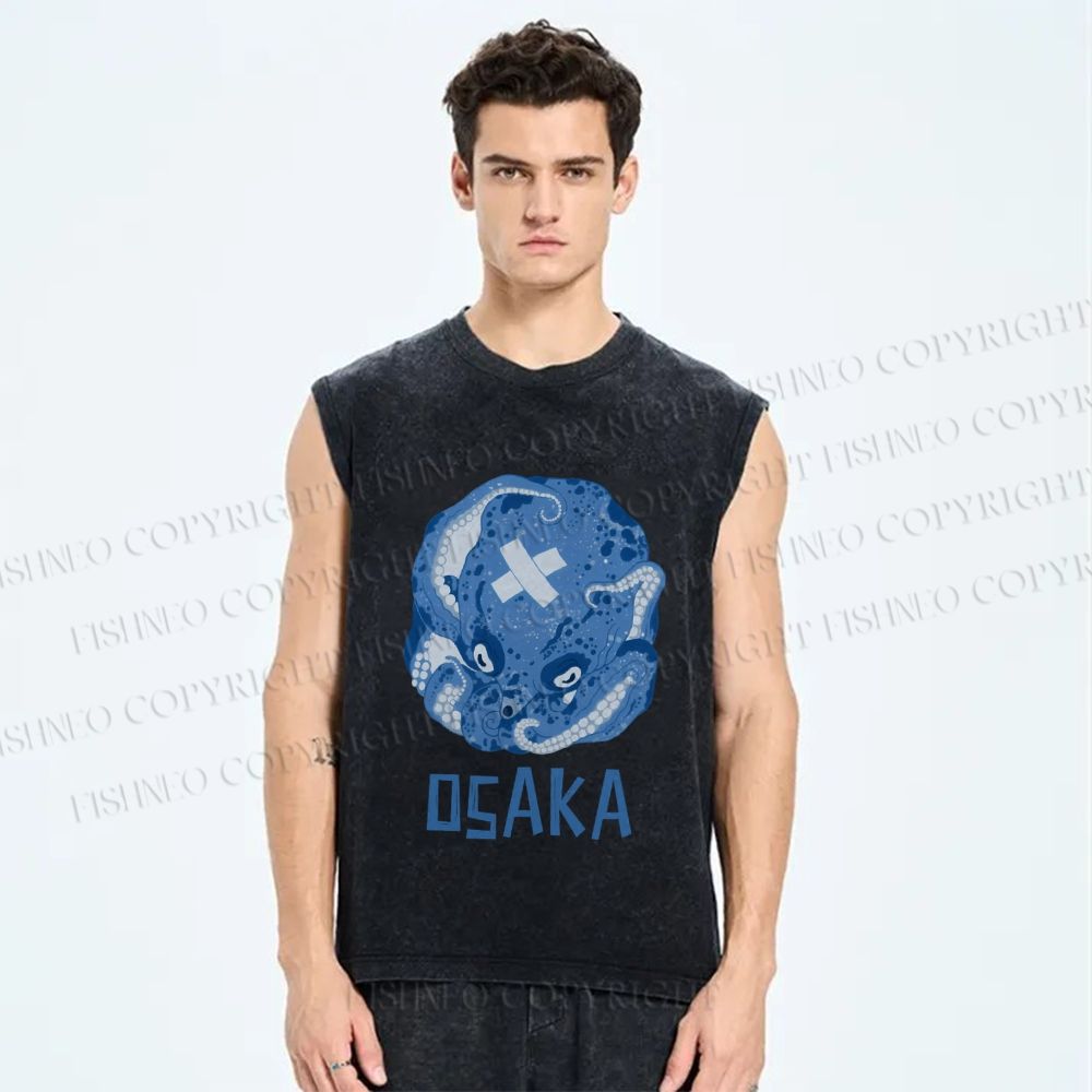 Unisex Vintage Blue Osaka Octopus Printed Washed Tank Top