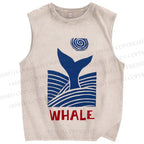 Unisex Vintage Wave Whale Printed Washed Tank Top