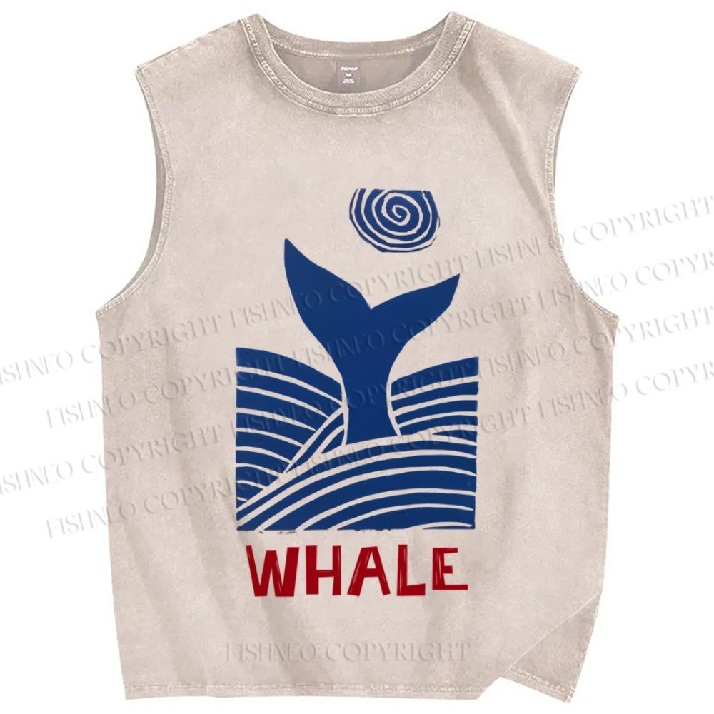 Unisex Vintage Wave Whale Printed Washed Tank Top