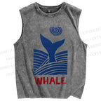 Unisex Vintage Wave Whale Printed Washed Tank Top
