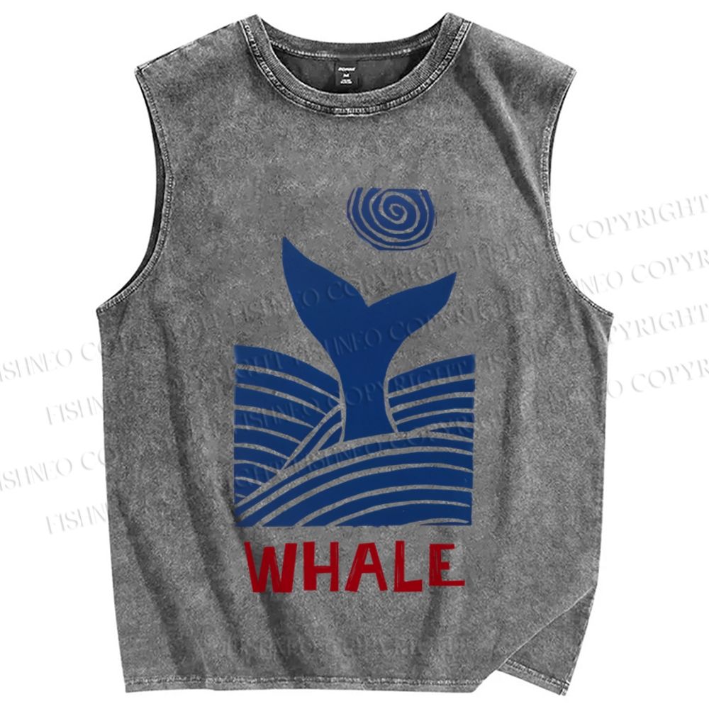 Unisex Vintage Wave Whale Printed Washed Tank Top