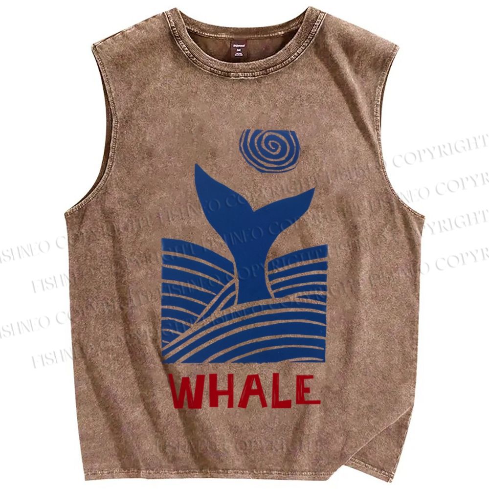 Unisex Vintage Wave Whale Printed Washed Tank Top