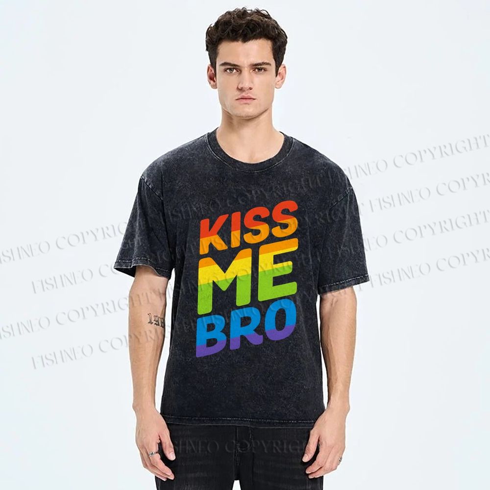 Unisex Pride Kiss Me Bro Printed Washed Tee