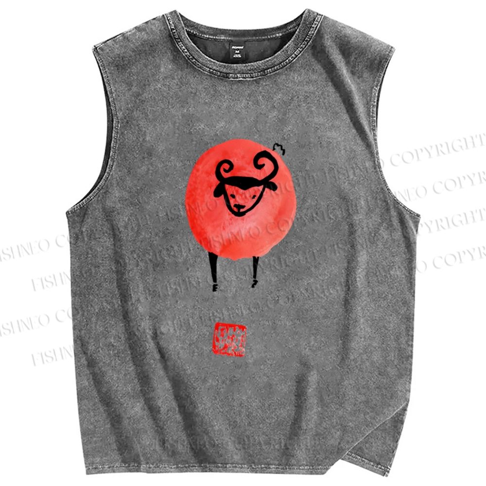 Unisex Art Cartoon Sheep Printed Washed Tank Top