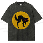 Unisex Vintage Art Cat Printed Washed Tee