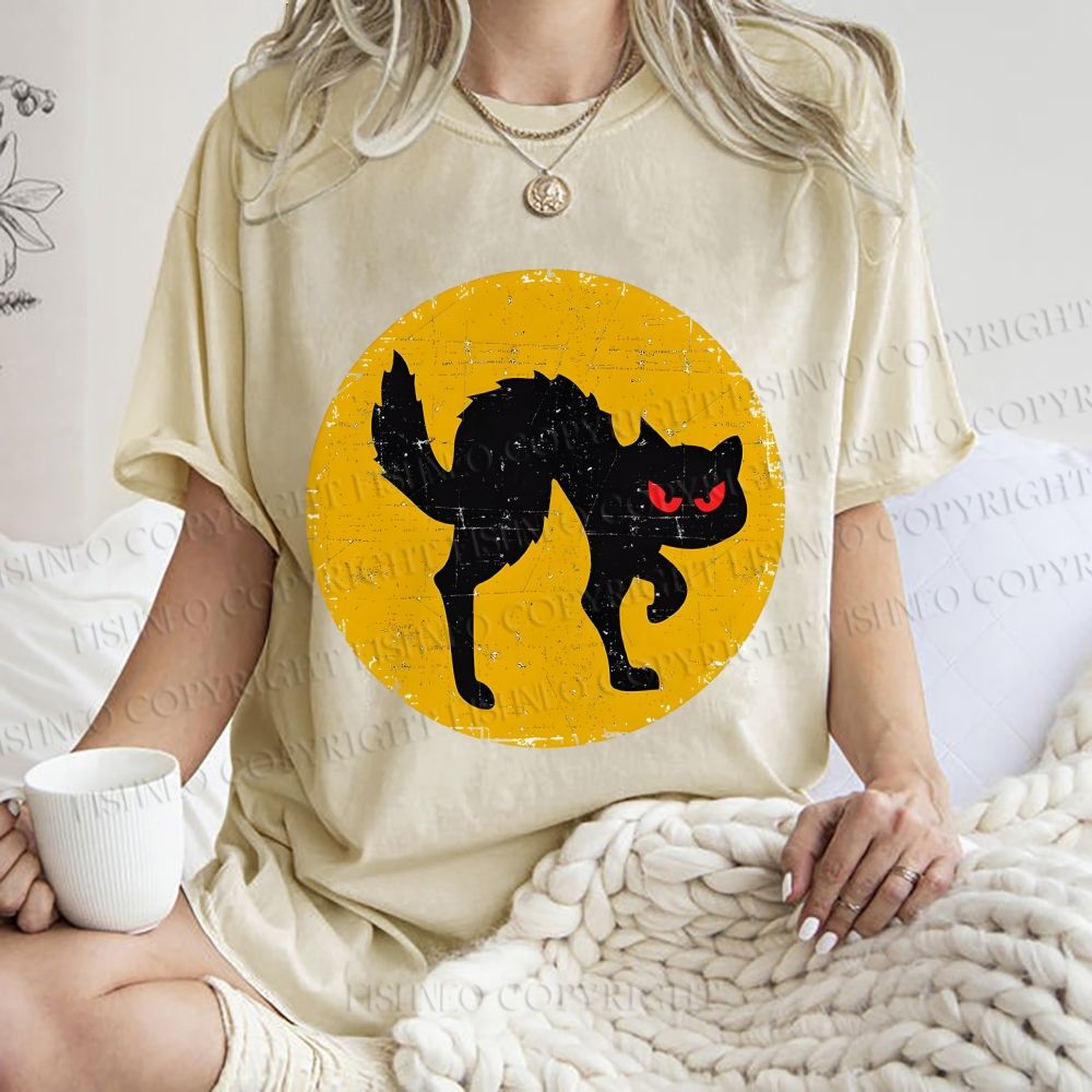 Unisex Vintage Art Cat Printed Washed Tee