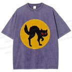Unisex Vintage Art Cat Printed Washed Tee