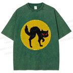 Unisex Vintage Art Cat Printed Washed Tee