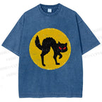 Unisex Vintage Art Cat Printed Washed Tee