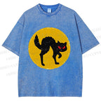 Unisex Vintage Art Cat Printed Washed Tee