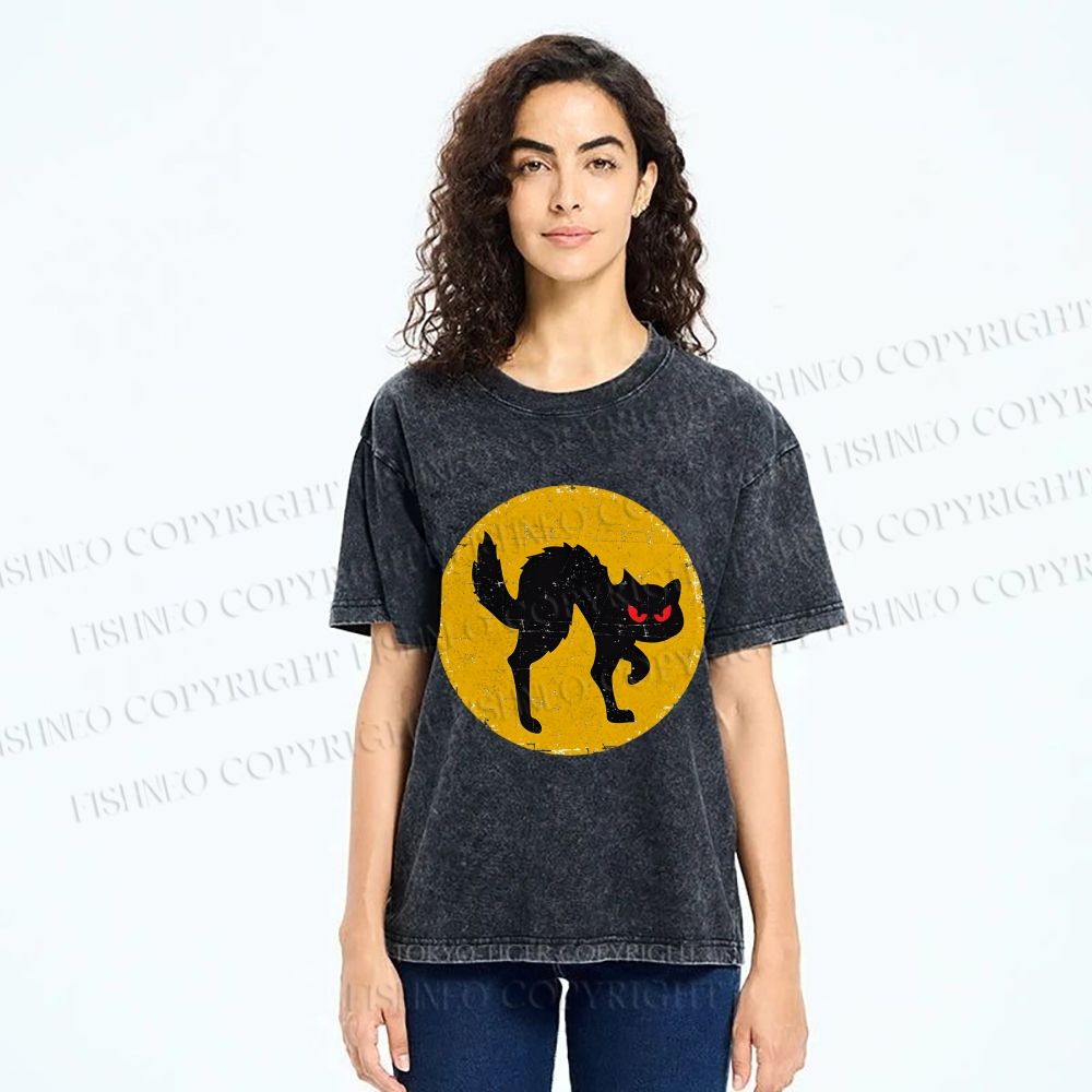 Unisex Vintage Art Cat Printed Washed Tee