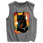 Unisex Art Dog Printed Washed Tank Top