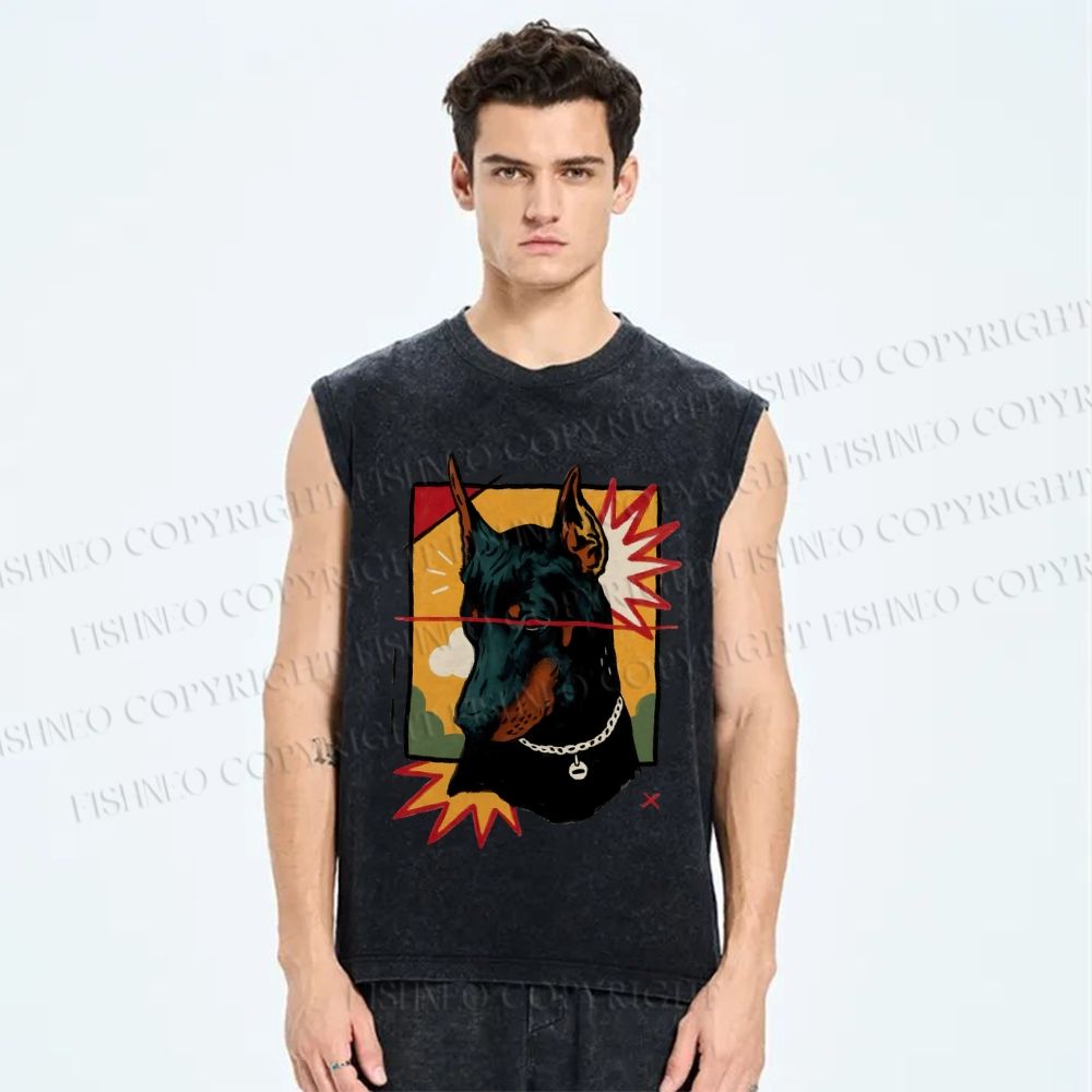 Unisex Art Dog Printed Washed Tank Top