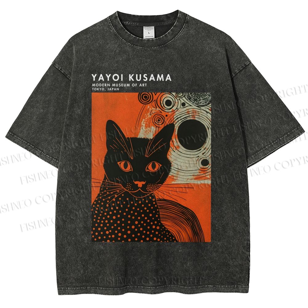Unisex Yayoi Kusama Cat Printed Washed Tee