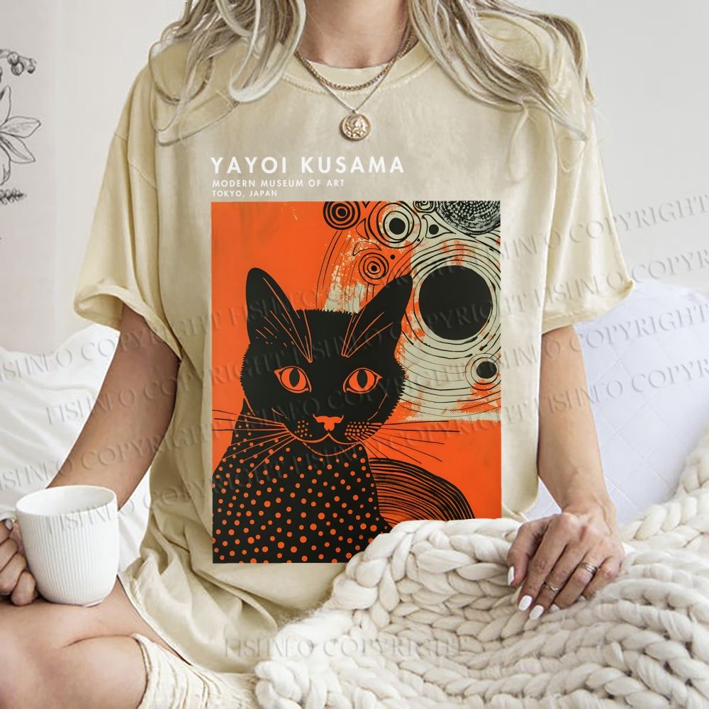 Unisex Yayoi Kusama Cat Printed Washed Tee