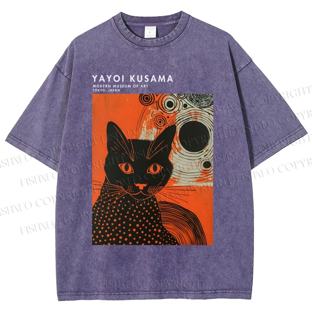 Unisex Yayoi Kusama Cat Printed Washed Tee