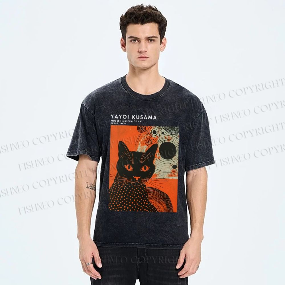 Unisex Yayoi Kusama Cat Printed Washed Tee